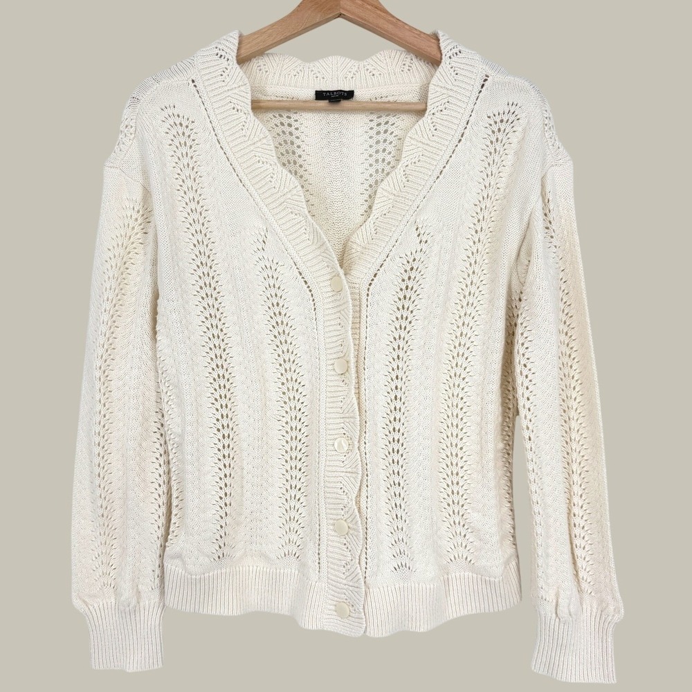 Talbots Ivory Pointelle Scalloped Knit V-Neck Cardigan Sweater MP Coastal